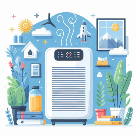 Air conditioner, air purifier flat vector illustration. Modern air conditioner on the background of the home interior.のイラスト素材