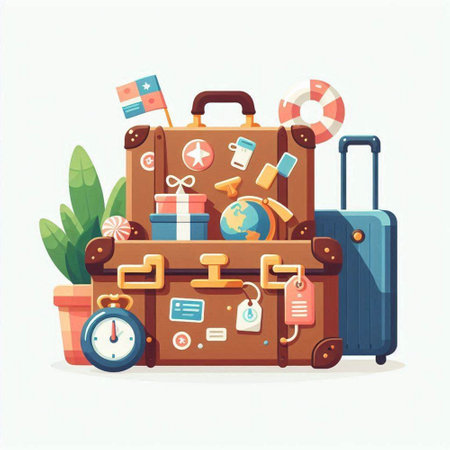 Suitcase with travel items. Vector illustration in flat style.のイラスト素材