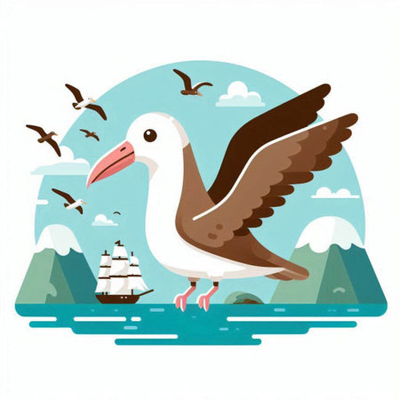 Seagull on the background of mountains and sea. Vector illustrationのイラスト素材