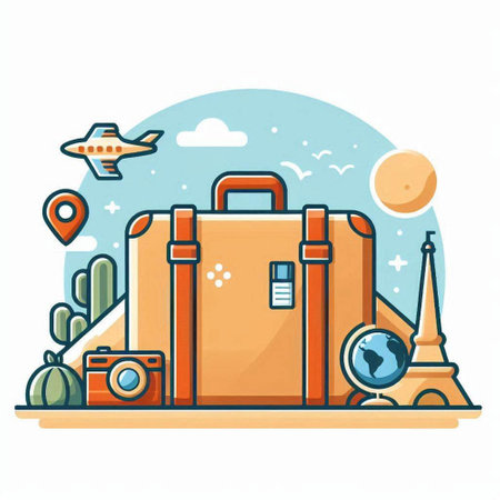 Vector illustration of travel and vacation. Suitcase, camera, map, airplane, globe, parisian tower. Line art style.のイラスト素材