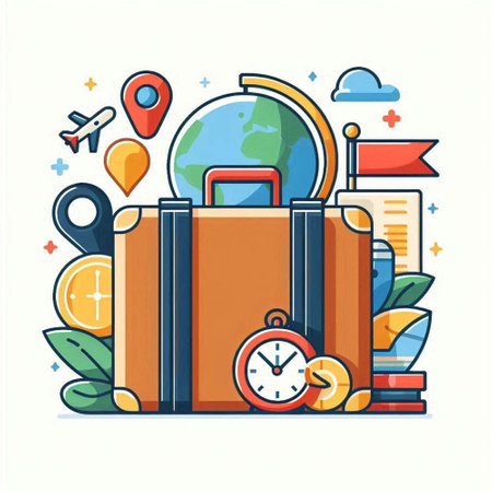 Vector illustration of travel and tourism concept with suitcase, map, compass, globe, airplane, passport, ticket.のイラスト素材