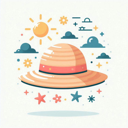 UFO flat vector illustration. Flying saucer with sun, clouds and stars.のイラスト素材