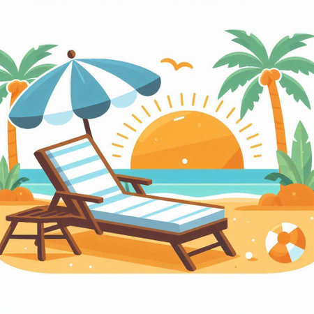 Beach chair with umbrella on the sand. Vector illustration in flat styleのイラスト素材