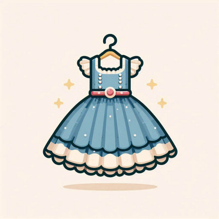 Illustration of a cute blue dress with a belt on a hangerのイラスト素材