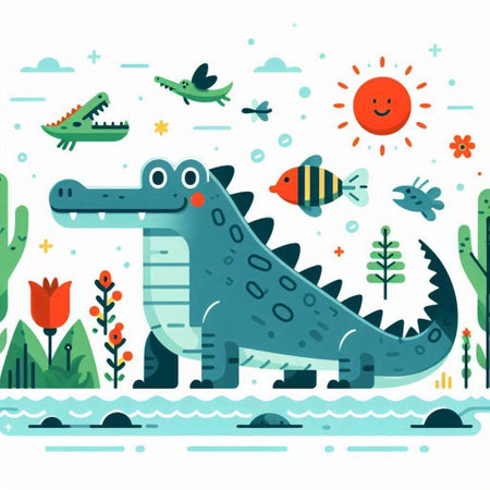 Cute crocodile in the jungle. Vector illustration in flat styleのイラスト素材