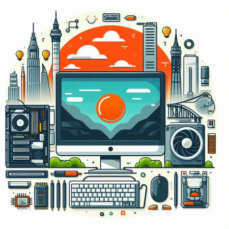 Vector illustration of a modern flat design of a desktop with a computer, hardware and accessories.のイラスト素材
