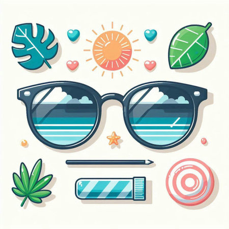 Set of summer icons. Sunglasses, sun, palm leaves, sun. Vector illustrationのイラスト素材