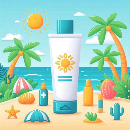 Sunscreen cream on the beach. Vector illustration in cartoon style.のイラスト素材