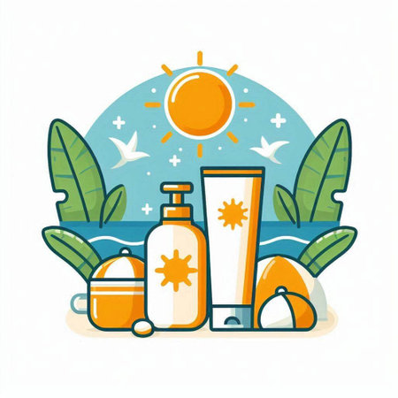 Vector illustration of a set of sun protection items. Flat style.のイラスト素材