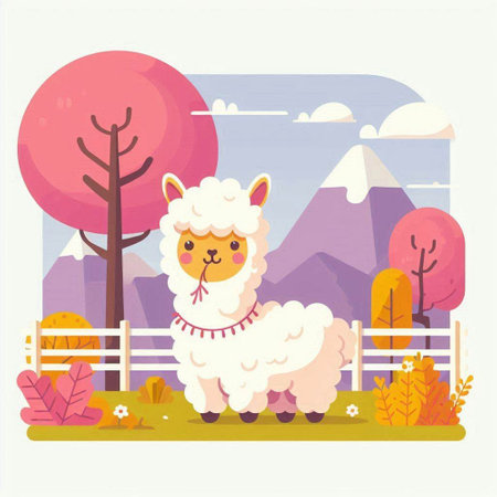 Llama vector illustration. Cute cartoon alpaca in autumn landscape.のイラスト素材