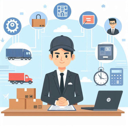 Courier in uniform works at a warehouse. Flat design vector illustration.のイラスト素材