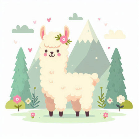 Cute alpaca vector illustration. Cute llama in the forest.のイラスト素材