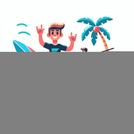 Surfer with surfboard on the beach. Cartoon vector illustration.のイラスト素材