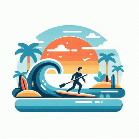 Surfing vector illustration. Flat design of a man riding a surfboard on the sea.のイラスト素材