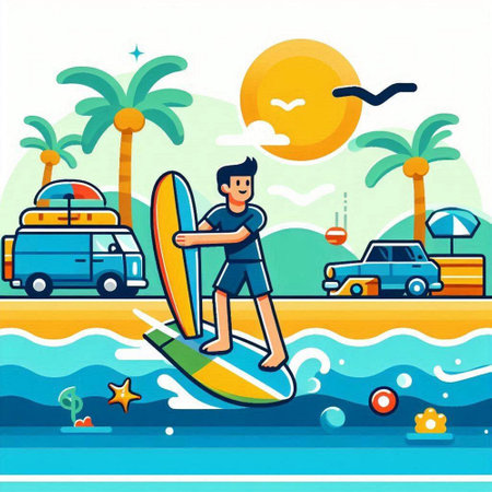 Surfboarder on the beach. Flat style vector illustration.のイラスト素材