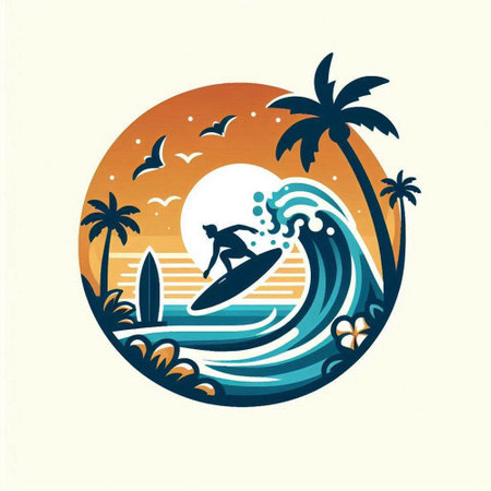 surfer on the waves in the circle of palm trees, vector illustrationのイラスト素材