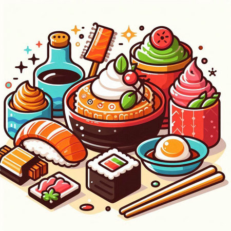 Vector illustration of Japanese food, sushi and rolls in cartoon style.のイラスト素材