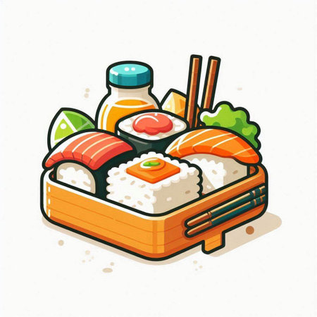 Illustration of sushi and rolls in a wooden box on a white backgroundのイラスト素材