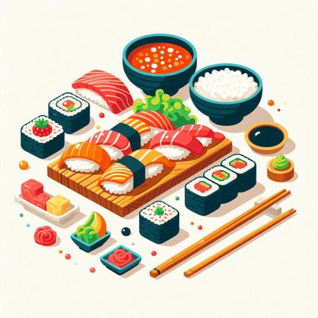 Sushi and rolls isometric composition with sushi rolls and chopsticks vector illustrationのイラスト素材