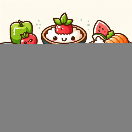 Illustration of Cute Cartoon Fruits and Vegetables in Bowlのイラスト素材