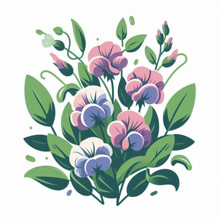 Hand drawn vector illustration of a bouquet of pea flowers.のイラスト素材