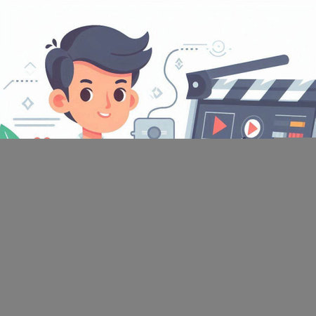 Cinema concept. Young man and clapperboard. Vector illustrationのイラスト素材