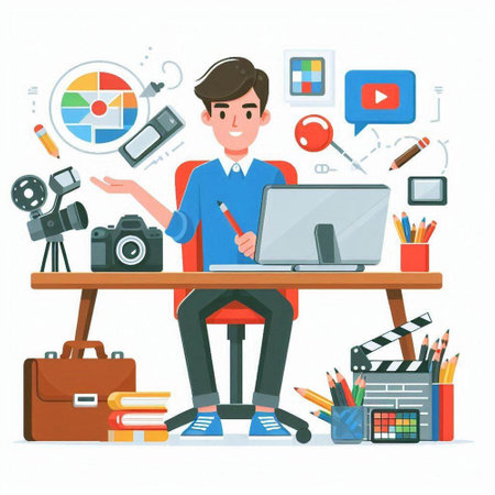 Photographer working at his desk with equipment. Vector illustration in flat styleのイラスト素材