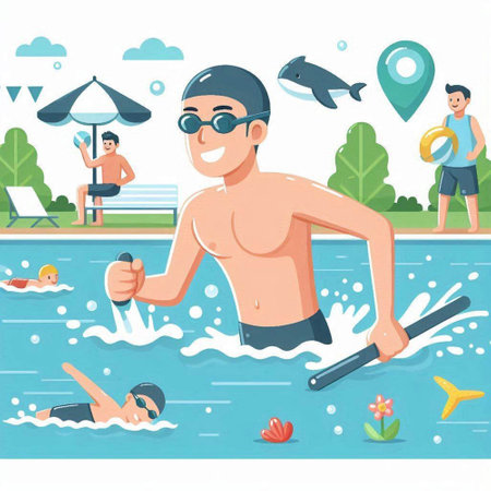Swimming Pool, Man Swimming in Swimming Pool, Cartoon Vector Illustrationのイラスト素材