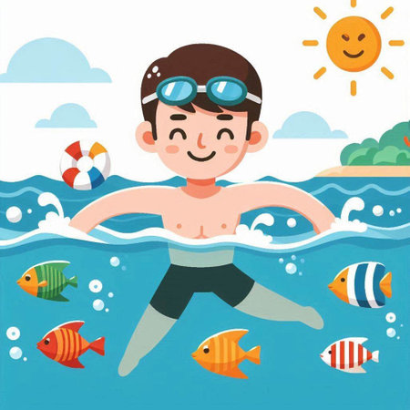 Boy swimming in the sea. Vector illustration in cartoon style. Flat design.のイラスト素材