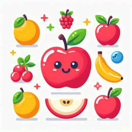 Fruit icons set in flat style. Red apple, orange, banana, strawberry, cherry, cranberrycot, plum, pear, peach, apple, pear, pear, plum, watermelon. Vector illustrationのイラスト素材