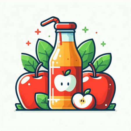 Apple juice in a bottle with a straw and apples. Vector illustration.のイラスト素材