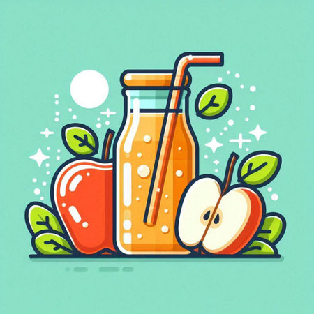 Vector illustration of a bottle of apple juice with a straw and apples on a green background.のイラスト素材