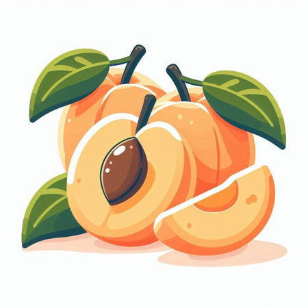 Apricot fruit with leaves. Vector illustration in cartoon style.のイラスト素材