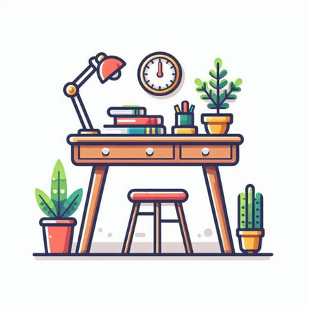 Illustration of cozy workplace with table, chair, lamp and plants. Vector illustrationのイラスト素材