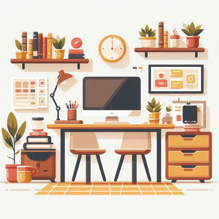 Flat design modern workplace interior. Workplace with computer, bookshelf, coffee cup, stationery and plants. Vector illustrationのイラスト素材