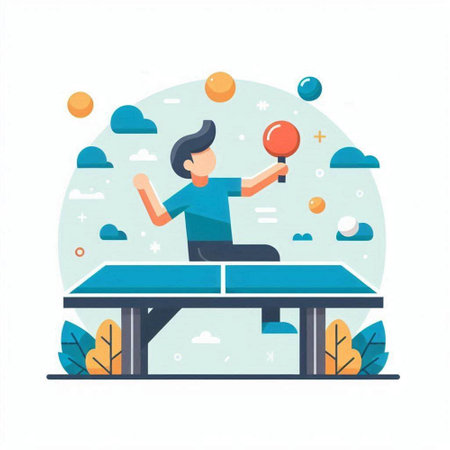 Man playing table tennis flat vector illustration. Cartoon man playing table tennis.のイラスト素材