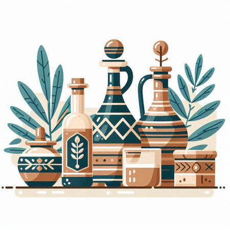 Hand drawn vector abstract stock graphic illustration with vintage ceramic vases, bottles and plants isolated on white backgroundのイラスト素材