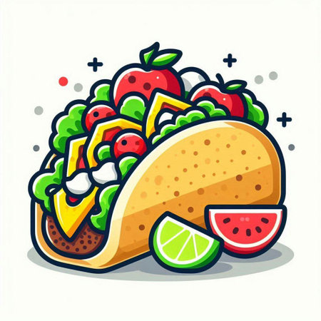 Taco with fruit and lime. Mexican food. Vector illustration.のイラスト素材