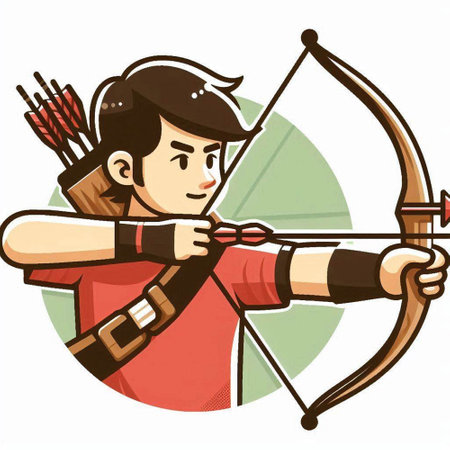 Illustration of an archer aiming with bow and arrow viewed from front set inside circle on isolated white background done in cartoon style.のイラスト素材
