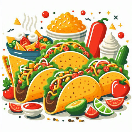 Mexican food vector illustration with tacos, guacamole and salsaのイラスト素材