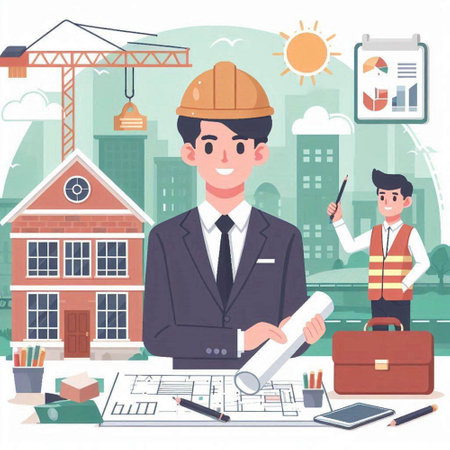 Architect working on construction site. Flat design vector illustration concept.のイラスト素材