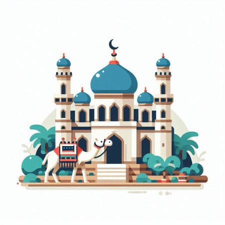 Ramadan Kareem greeting card with mosque and camel. Vector illustrationのイラスト素材