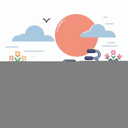 summer landscape with sun, clouds and flowers - hand drawn illustrationのイラスト素材