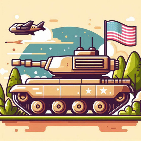 Cartoon tank with american flag on the background. Vector illustrationのイラスト素材