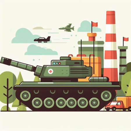 Military tank on the background of nuclear power plant. Vector illustration.のイラスト素材