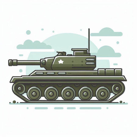 Vector illustration of a tank on a background of blue sky with cloudsのイラスト素材