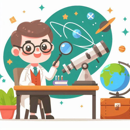 Scientist with a magnifying glass and a globe. Vector illustrationのイラスト素材