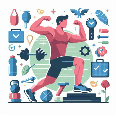 Fitness man doing exercises with dumbbells. Flat vector illustration.のイラスト素材