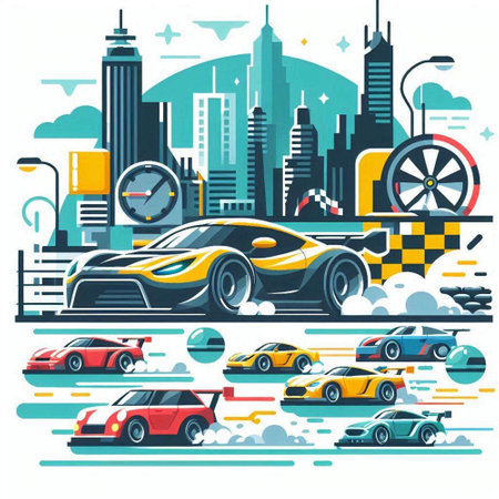 Set of cars on the city background. Vector illustration in flat styleのイラスト素材