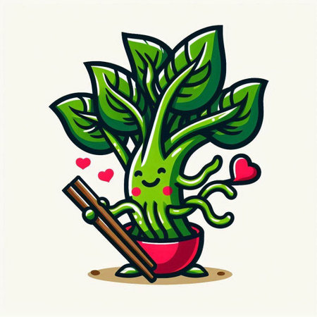 Cute cartoon tree character with chopsticks and hearts. Vector illustration.のイラスト素材